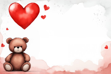 Teddy bear Valentines Day Background with copy space for text. Plush cute toy, red hearts, love and romance concept.