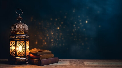 Islamic lantern with books, isolated in dark background.