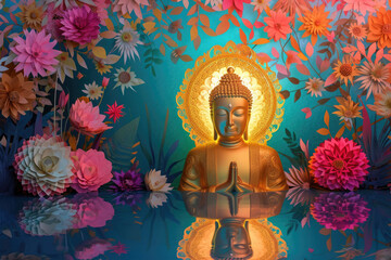 golden buddha with glowing colorful halo light around head decorated with colorful flowers paper cut