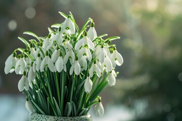 Bouquet of white snowdrops on a light background