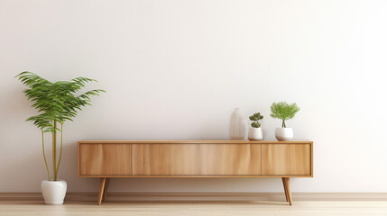 Wood Console Cabinet Contemporary Modern Foyer Living Room and plant vase