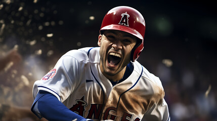 A happy professional baseball player who hits a walk-off home run in MLB and runs on the ground. Generative AI.