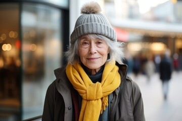 Portrait of an elderly woman in winter clothes at the shopping center