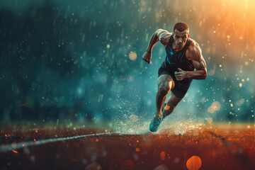 man running, male athlete running, professional running training on stadium background