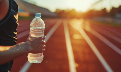 athlete holding a plain bottle of water on the running track.