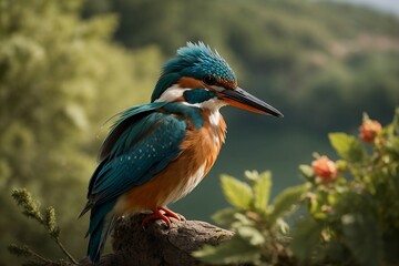 A kingfisher, its feathers ruffled by the gentle breeze as it surveys its surroundings in the idyllic Greek countryside.

