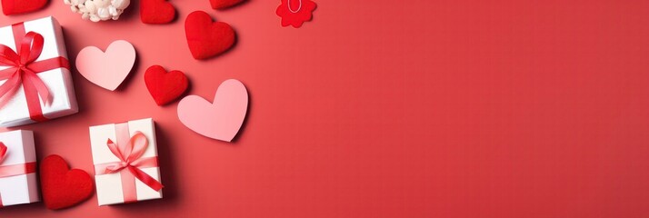 Gift or present box decorated with red hearts for Valentine on red background top view. Flat lay card from homemade decoration, Valentine's day, Mother day, wedding and anniversary concept