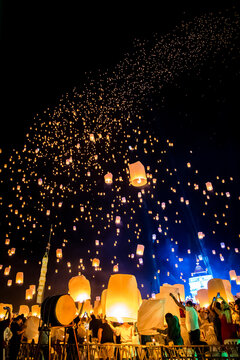 Sky lantern mass release event for Yee Peng and Loy Krathong traditional festival in Chiang Mai, Thailand