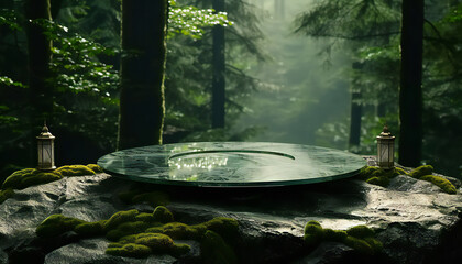 Glass Podium on a stone in jungle background