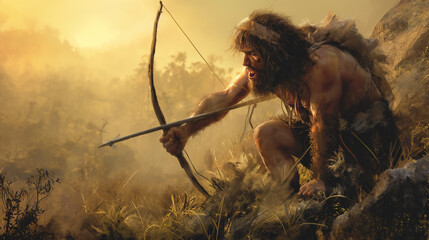 Caveman hunting with bow and arrow - Neanderthal - Cave hunters - Prehistory - History