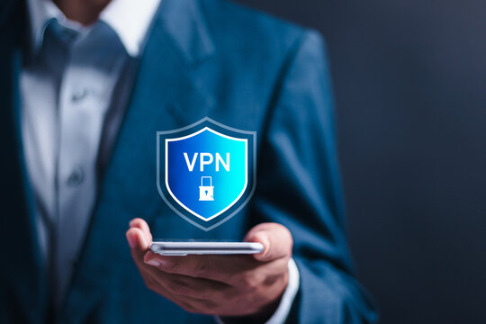 VPN Virtual private network concept. Businessman use smartphone with virtual screen of VPN connection. Internet security, encrypted connection for anonymous internet user.