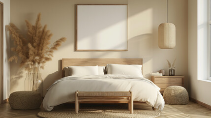 Frame mockup in cozy beige Japandi bedroom interior. Generative AI