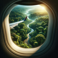 a dense rainforest viewed through an airplane window