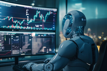 AI-powered trader making strategic decisions in a futuristic trading environment - obrazy, fototapety, plakaty