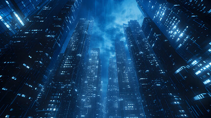 Futuristic Cityscape with Blue Sky and Lights - obrazy, fototapety, plakaty