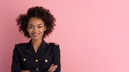 Afro woman in cruise ship staff uniform isolated on pastel background - obrazy, fototapety, plakaty