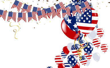 USA Independence day poster with air balloons and with a garland from American flags. American Memorial Day celebration poster, vector illustration