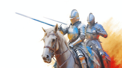 Fototapeta premium The spectacle of knights jousting in full armor at the medieval festival of Provins, France water color, cartoon, hand drawing, animation 3D, vibrant, minimalist style. ai generated.