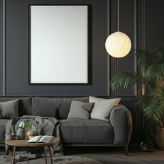 Frame mockup in modern dark living room interior. Generative AI
