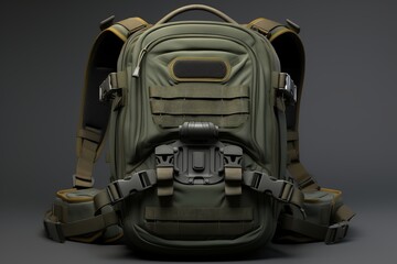 Tactical Military Backpack, Highlighting Rugged Design and Storage Features, Against a White Surface, Generative AI