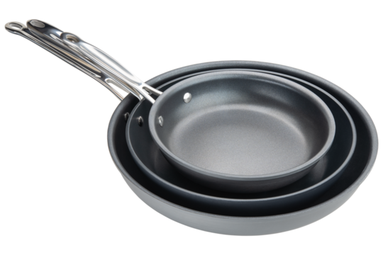 Frying pan. Ceramic nonstick pan with stainless steel handle. Set of Fry pan for cooking. Gray ceramic coating. Free of PFAS, PFOA, lead and cadmium. Professional chef kitchenware. Isolated background