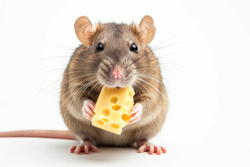 Rat holding cheese, isolated on white background