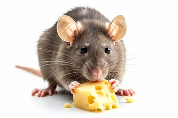 Rat eating cheese, isolated on white background