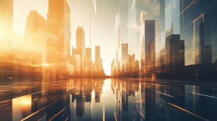 The sun is setting behind a tall glass building. Abstract background of modern office building exterior in new business district. Generative AI