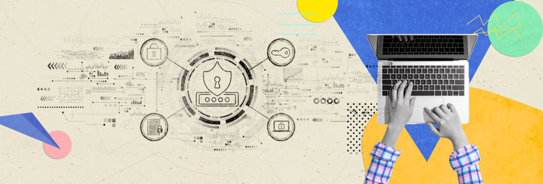 Cyber security theme with person using a laptop computer - Photo collage design