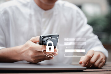 Cyber security concept. user privacy data information security encryption, protect business and financial transaction data, from cyber attack businessman using computer. internet network security