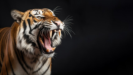 Fototapeta premium Angry tiger roaring ready to attack isolated on gray background