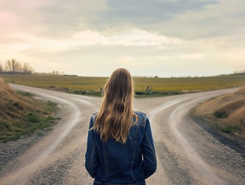 Uma mulher passando pelo dilema de seguir dois caminhos distintos e opostos.