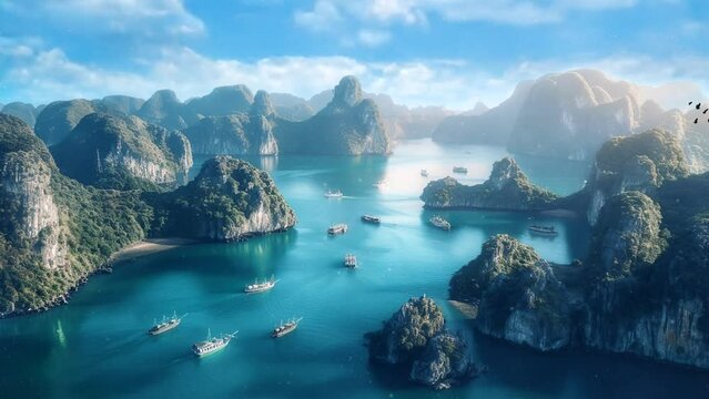 boat that sails across the islands. Seamless looping time-lapse virtual 4k video animation background.
