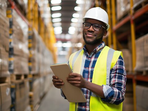 Um homem do setor de log&iacute;stica e opera&ccedil;&otilde;es trabalhando em um centro de distribui&ccedil;&atilde;o e estoque