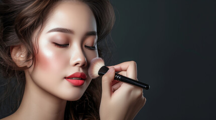 Obraz premium Makeup artist applies Makeup artist applies applies powder and blush . Beautiful Asian Woman face. Hand of make-up master puts blush on cheeks beauty model girl . Make up in process . Beautiful woman