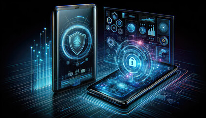 Smartphone displaying a digital padlock with futuristic holographic security interface, emphasizing advanced data protection.