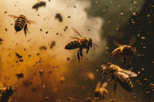 Honey bees in the apiary. Pollution environment concept.