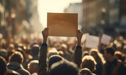 Cardboard sign protest, crowd of people protesting. Rights.