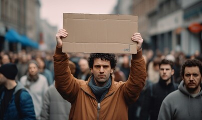 Photo of a man in a protest holding a cardboard sign.