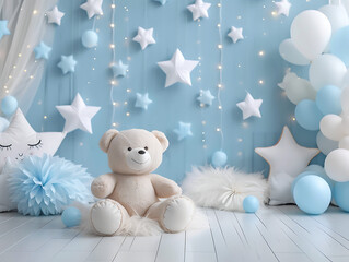 Sweet Baby Blue Teddy: PNG Digital Photography Backdrops for Teddy Bear-themed Birthday Cake Smash Studios with Pastel Blue Starry Scenes