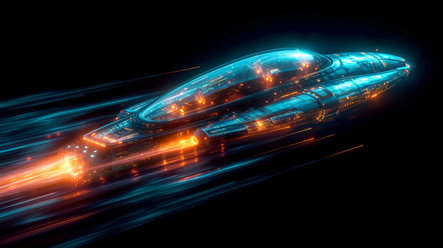 A neon illustration of a turquoise spaceship. Created with generative AI.