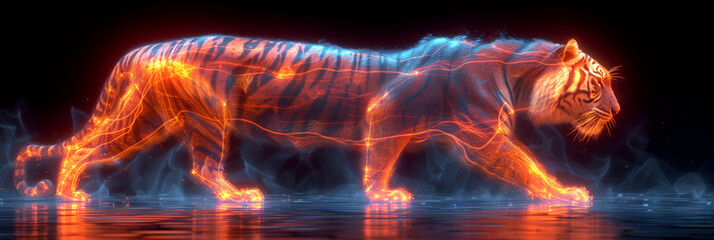A neon illustration of an orange tiger. Created with generative AI.