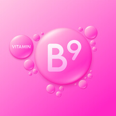 Serum drops water gel pink vitamin B9. For cosmetic design beauty care. Hyaluronic acid and collagen lotion. Vitamins complex liquid oil jelly from nature treatment nutrition skin care. Vector.