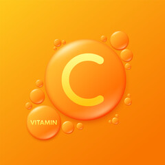 Fototapeta premium Serum drops water gel orange vitamin C. For cosmetic design beauty care. Hyaluronic acid and collagen lotion. Vitamins complex liquid oil jelly from nature treatment nutrition skin care. Vector.