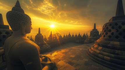 view of Borobudur Temple, afternoon sunlight gives a touch of gold to the temple stones, Ai generated images