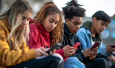 Fototapeta premium Group of multi ethnic students friends using smartphones.