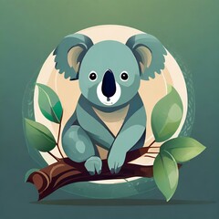A minimalist flat vector logo of a serene koala perched on a eucalyptus branch, radiating calmness and tranquility.