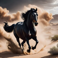 Digital painting of a majestic black horse galloping through a chaotic desert