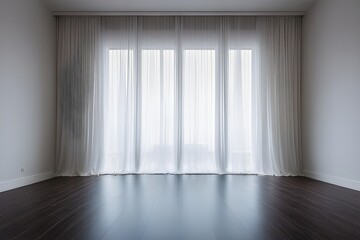 Fototapeta premium Backlit window with white curtains in empty room. Empty white room