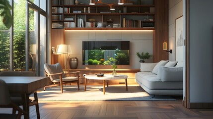 realistic photo of a family room with various kinds of furniture